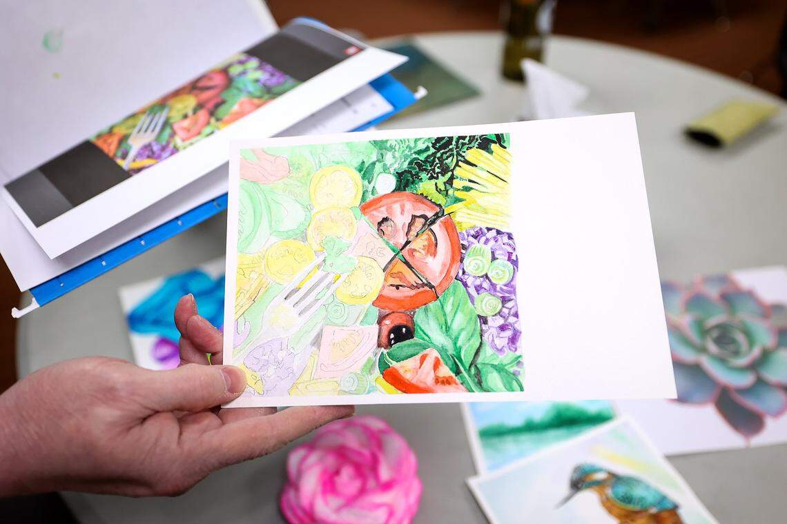 Teacher Rhonda Barefield shows some of the art students have created at Science, Etc. on Tuesday, Sept. 9, 2025, in Fort Worth. The organization offers supplemental Biblical-based classroom instruction for home-schooled children with numerous different subjects for parents to choose from.