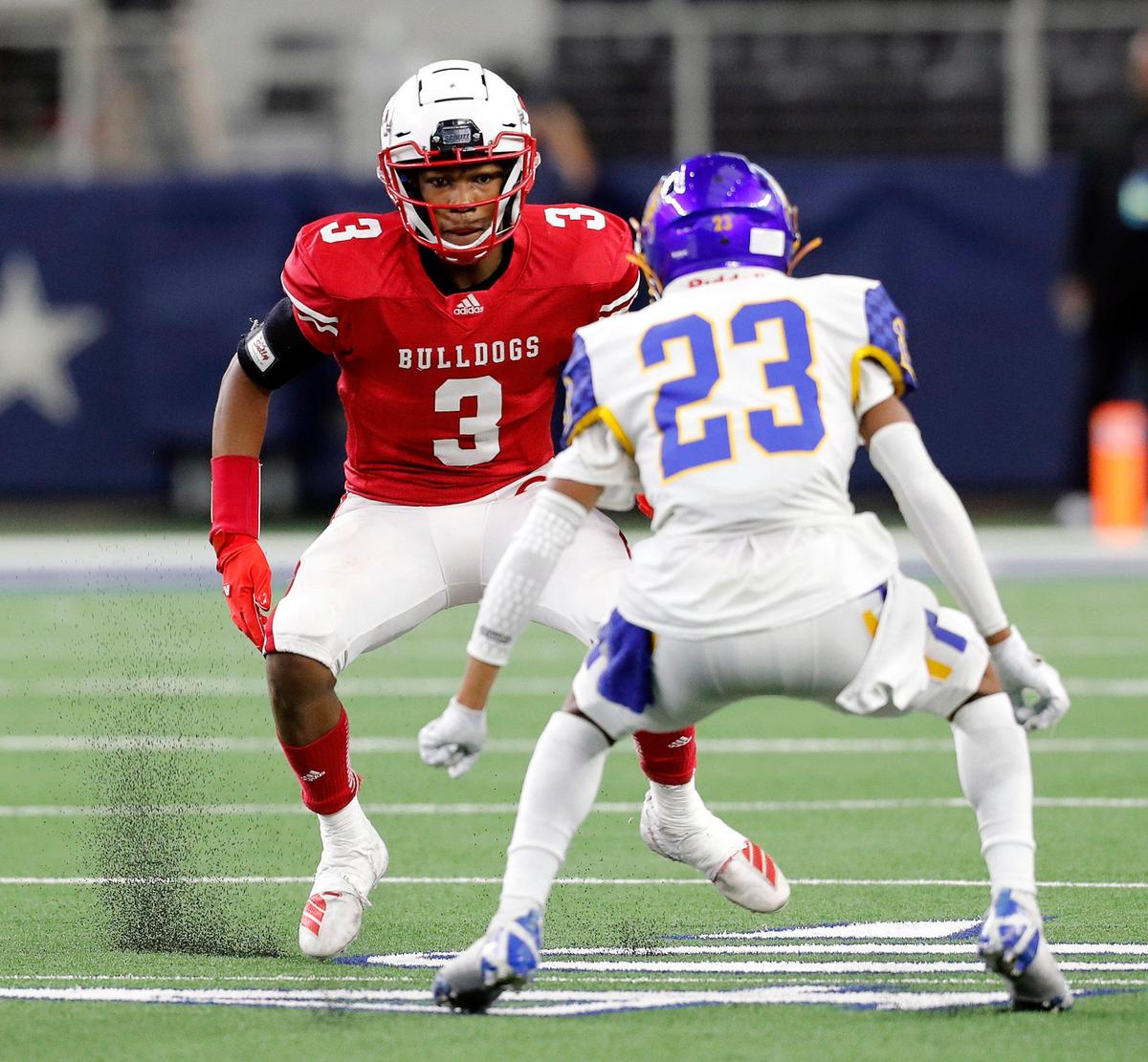 Carthage wide receiver Kelvontay Dixon (3) puts on the brakes in front of La Vega defensive back Jessie Majors-Sterling (23) during the second half of a Conference 4A division I State Championship football game at AT&T in Arlington, Texas, Friday, Dec. 20, 2019. Carthage defeated La Vega 42-28. (Special to the Star-Telegram Bob Booth)