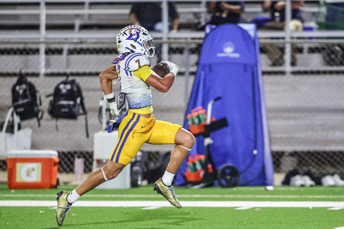 Brock’s Colt Matlock has a long interception return for a touchdown against Fort Worth Southwest on Thursday, Sept. 18, 2025 at Scarborough-Handley Field in Fort Worth, Texas.