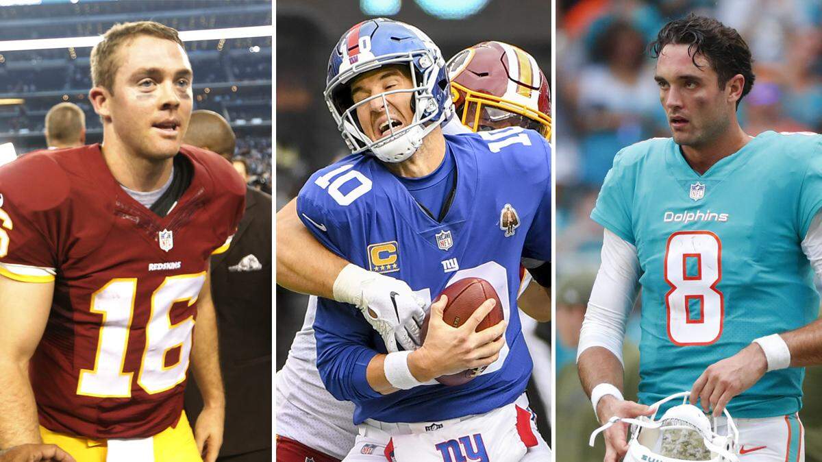 Washington Redskins quarterback Colt McCoy, New York Giants quarterback Eli Manning and Miami Dolphins quarterback Brock Osweiler are pictured in this composite photo.