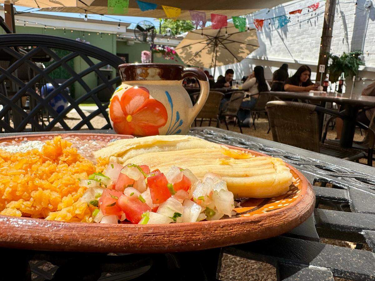 Red and green chicken tamales with cafe de olla on the colorful patio at Tesoros Mexican, April 13, 2024 in Fort Worth.