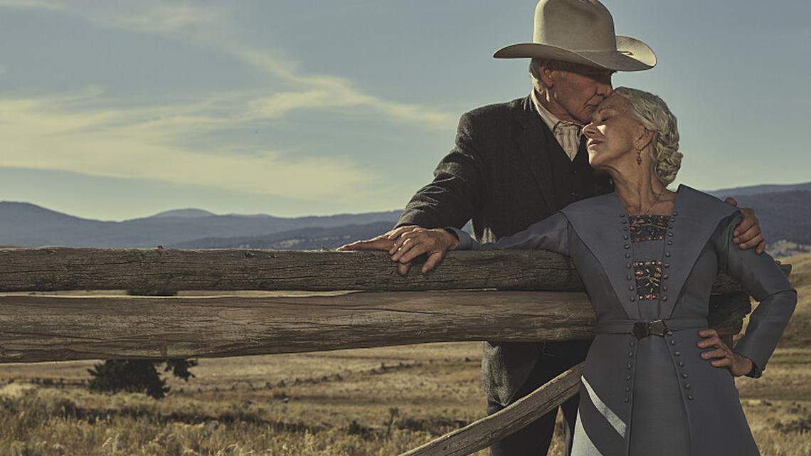 Harrison Ford as Jacob Dutton and Helen Mirren as Cara Dutton in 1923 streaming on Paramount+ 2022.