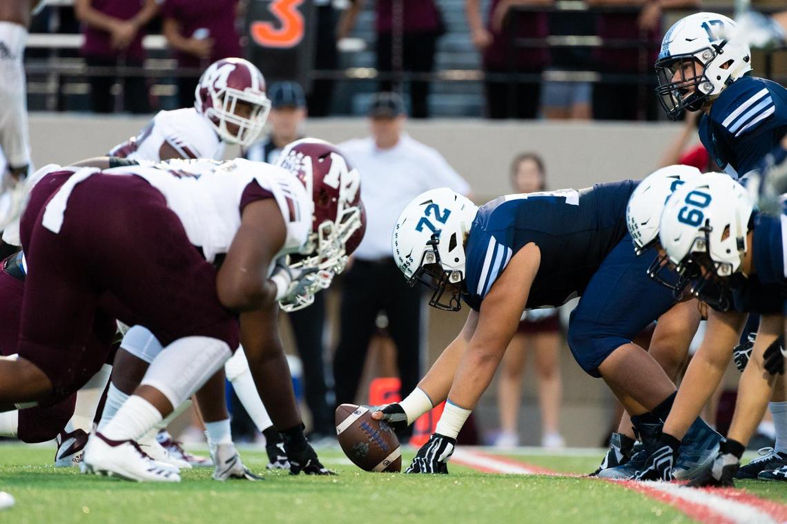 Mesquite and Bell on the line of scrimage befre the snap at Pennington Stadium on Sep. 19 2019.