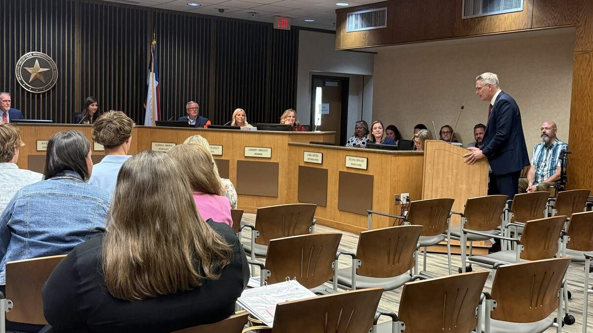 New GCISD Superintendent Jason Adams addresses the board of trustees and community members at the June 15 board meeting where he was hired the district.