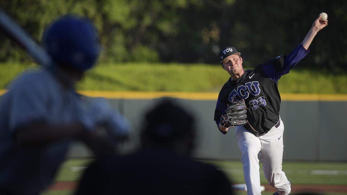 TCU pitcher Russell Smith (33) works during the first inning against Texas-Arlington on Tuesday, April 10, 2018 at Lupton Stadium in Fort Worth, Texas.