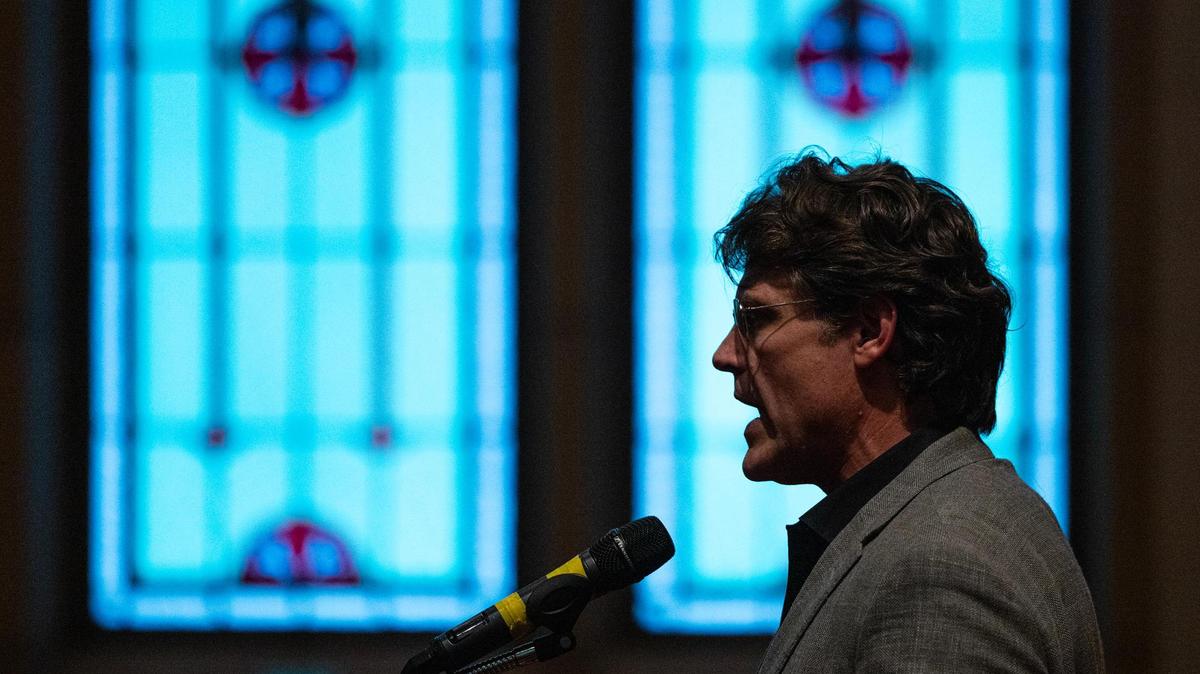 Rev. Ryon Price, the Senior Pastor of Broadway Baptist Church, speaks to the attendees gathered for the Pastors for Texas Children Town Hall Call to Action at Arlington Heights United Methodist Church in Fort Worth on Wednesday, April 9, 2025.