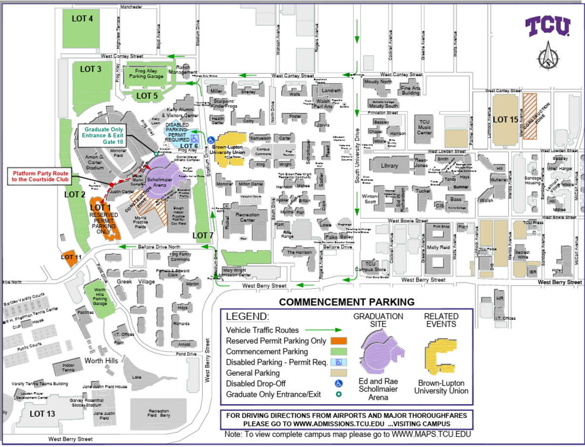 Map of the TCU Commencement parking plans and vehicle routes.
