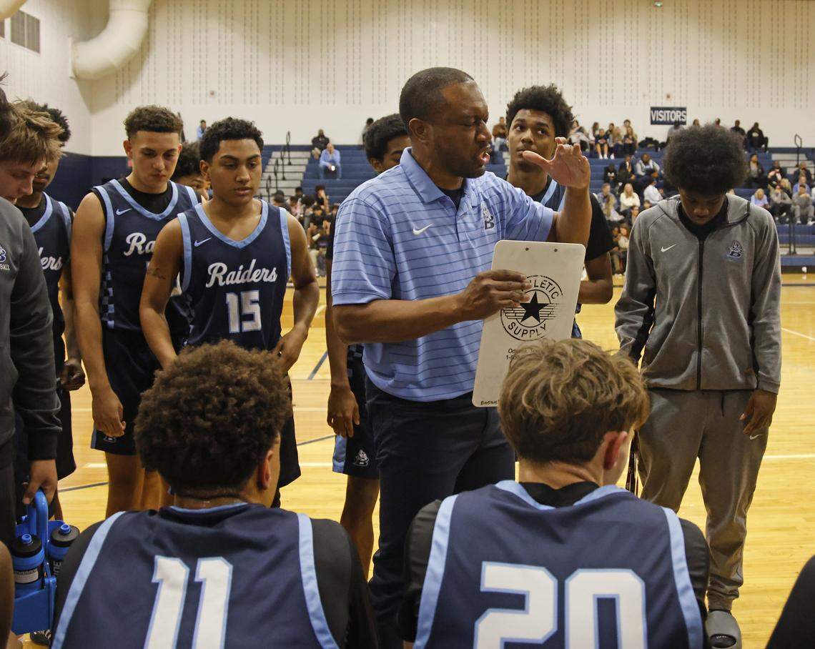L.D. Bell head coach Eric Hammond talks to the team during a timeout in the first half of a UIL boys basketball game between L.D. Bell and Keller at Keller High School in Keller, Texas, Friday Jan. 16, 2026