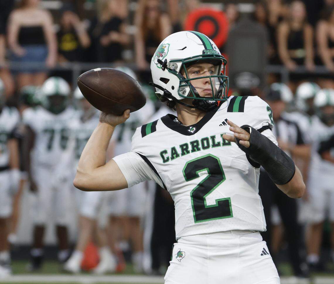 Southlake quarterbaack Angelo Renda (2) tosses a sideline pass during the first half of a UIL football game between Southlake Carroll  and Byron Nelson at Northwest ISD Stadium in Justin, Texas, Friday, Sept. 12, 2025.