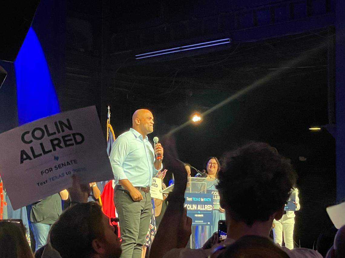 U.S. Senate Candidate Colin Allred speaks at a campaign event in Dallas on Aug. 24, 2025.