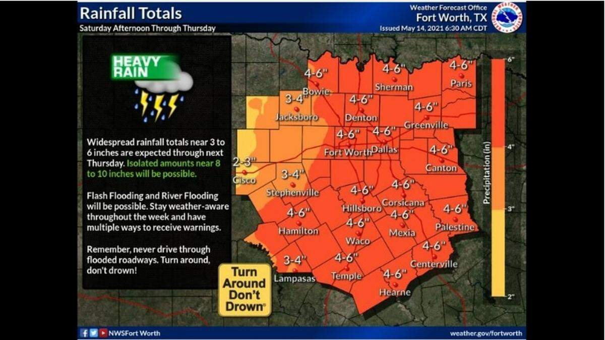 Some North Texas neighborhoods could see eight to 10 inches of rain in the next few days, according to the National Weather Service in Fort Worth.