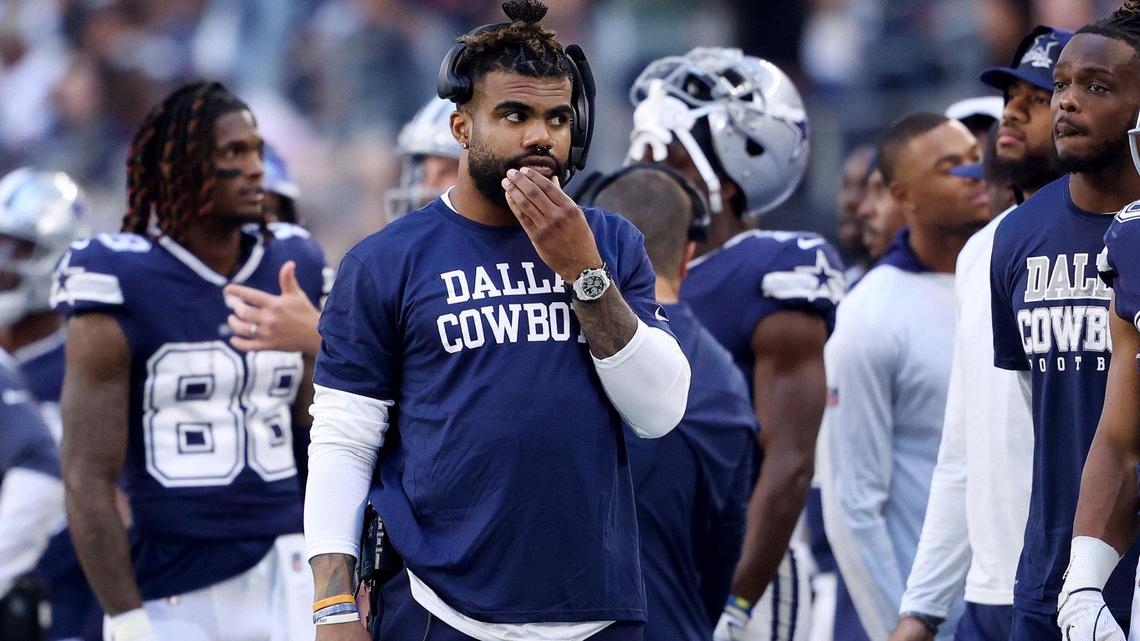 Dallas Cowboys running back Ezekiel Elliott watches from the sidelines during a game against the Chicago Bears on Oct. 30 in Arlington. Elliott has missed the past two games with a sprained knee but is expected to return Sunday against the Minnesota Vikings.
