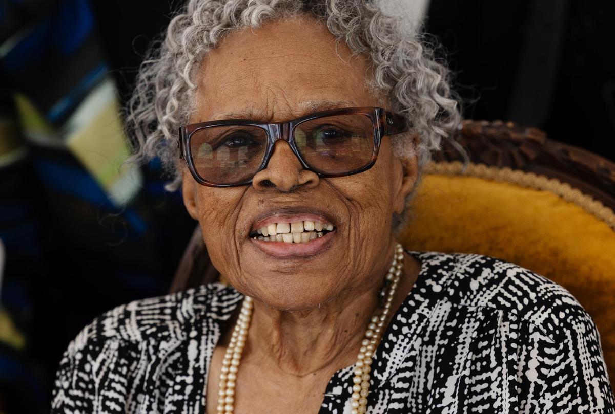 Opal Lee smiles after taking a seat of honor at the grand opening of The Opal, a mixed-income community, on Thursday, April 17, 2025. The affordable housing property was named to honor Fort Worth’s Opal Lee, the grandmother of Juneteenth.