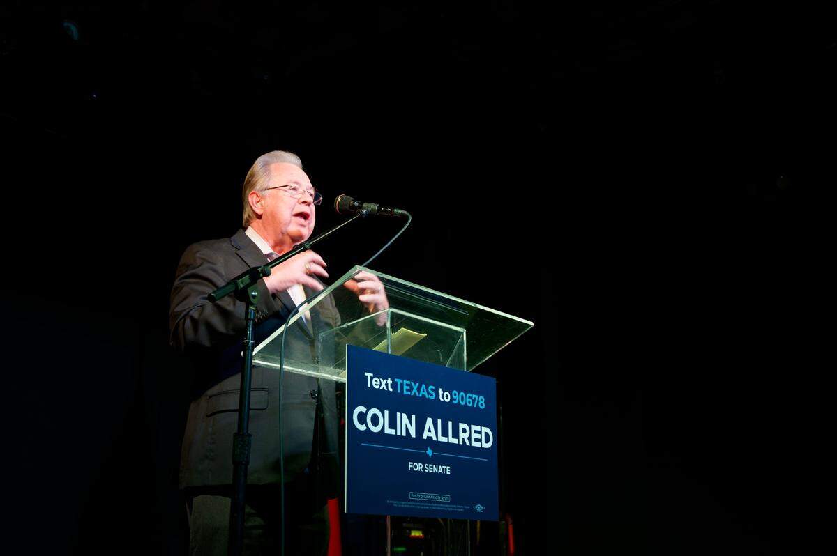 Former Tarrant County Judge Glen Whitley speaks at a campaign rally for Colin Allred on Saturday in downtown Fort Worth.