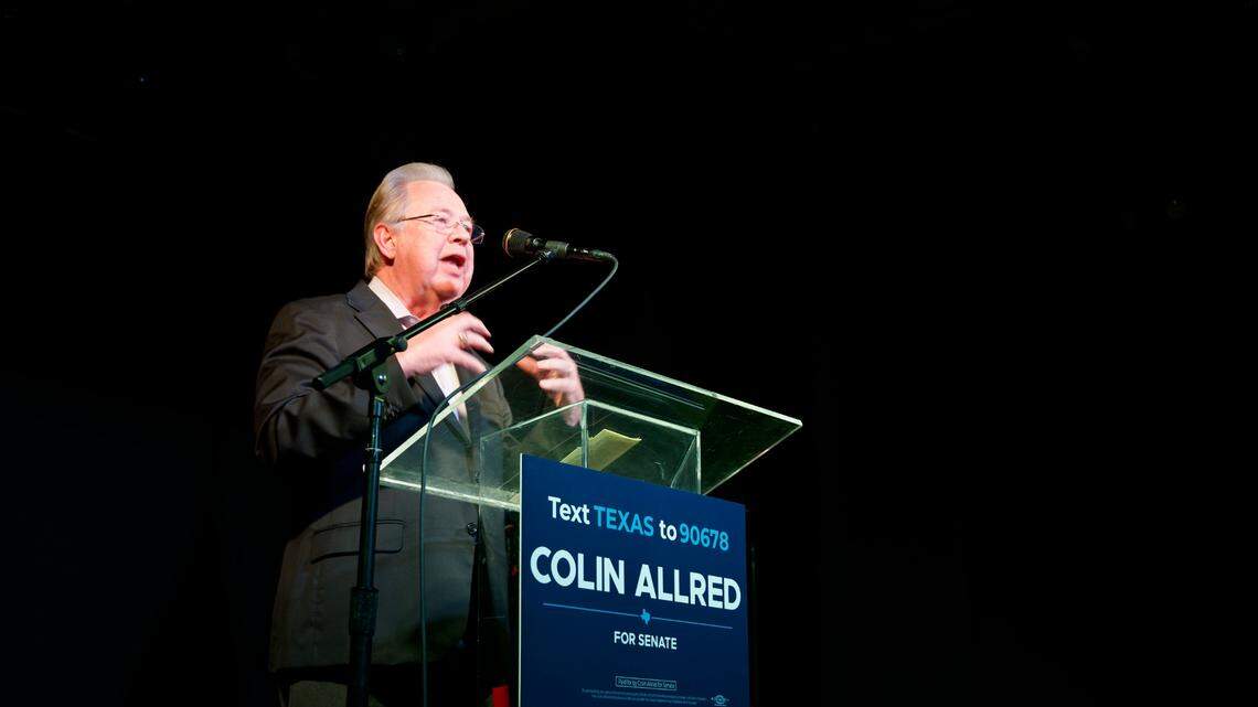Glen Whitley speaks at a campaign rally for Colin Allred on Saturday in downtown Fort Worth.