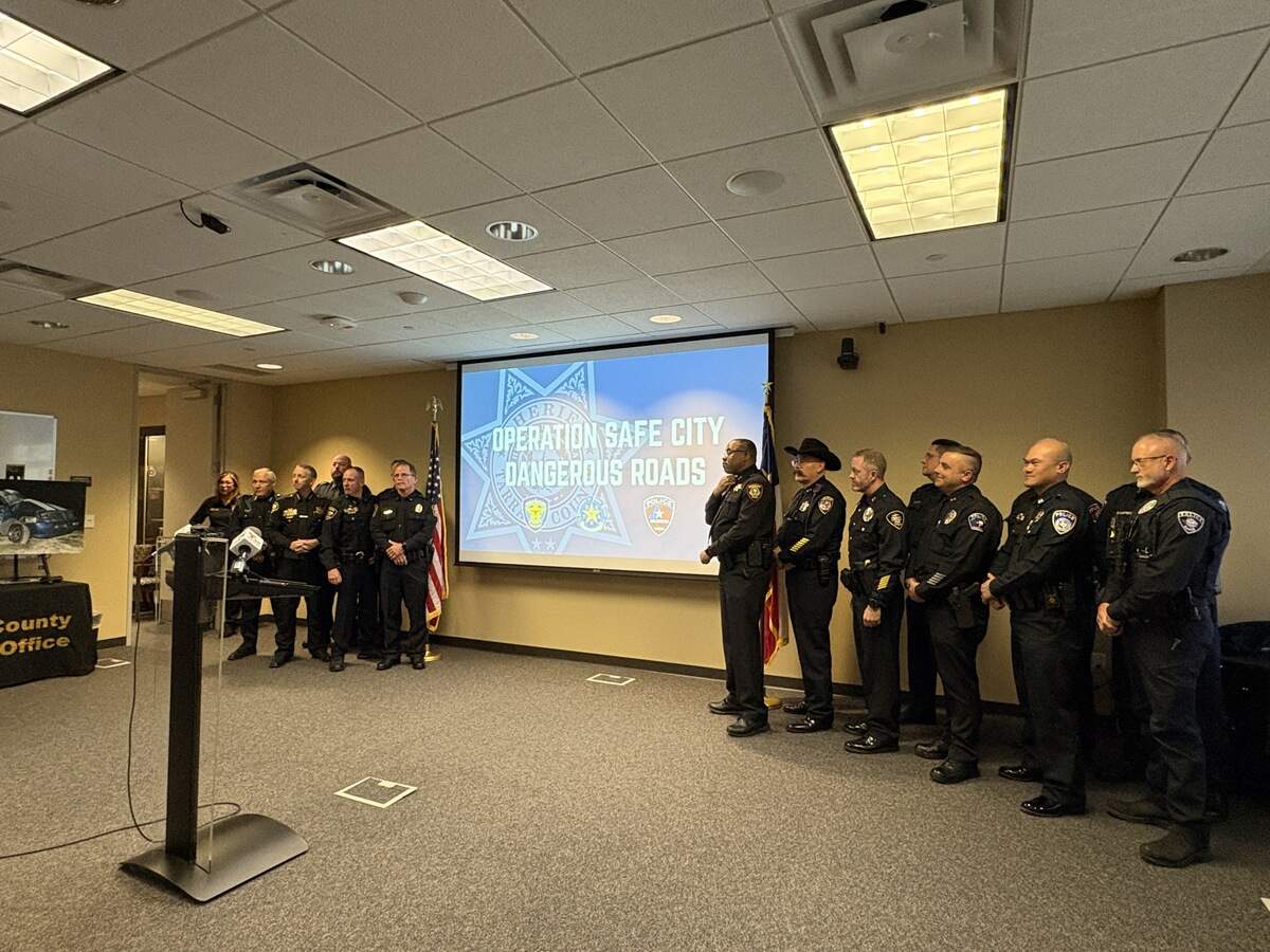 Police chiefs and officers from around Tarrant County gather before a press conference at the Sheriff’s Office on Thursday, Oct. 30, 2025.