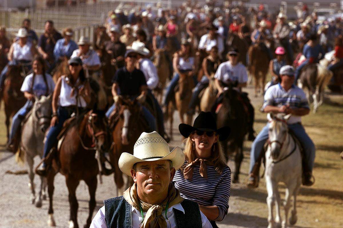 2000: Between 250 and 300 riders, including Terry Richards, front center, rode in The Great Trail Drive at the Circle T Ranch in Westlake. The historic ranch would be soon developed by its owner, Ross Perot Jr. The event helped raise money for the Rocky Top Therapy Center.
