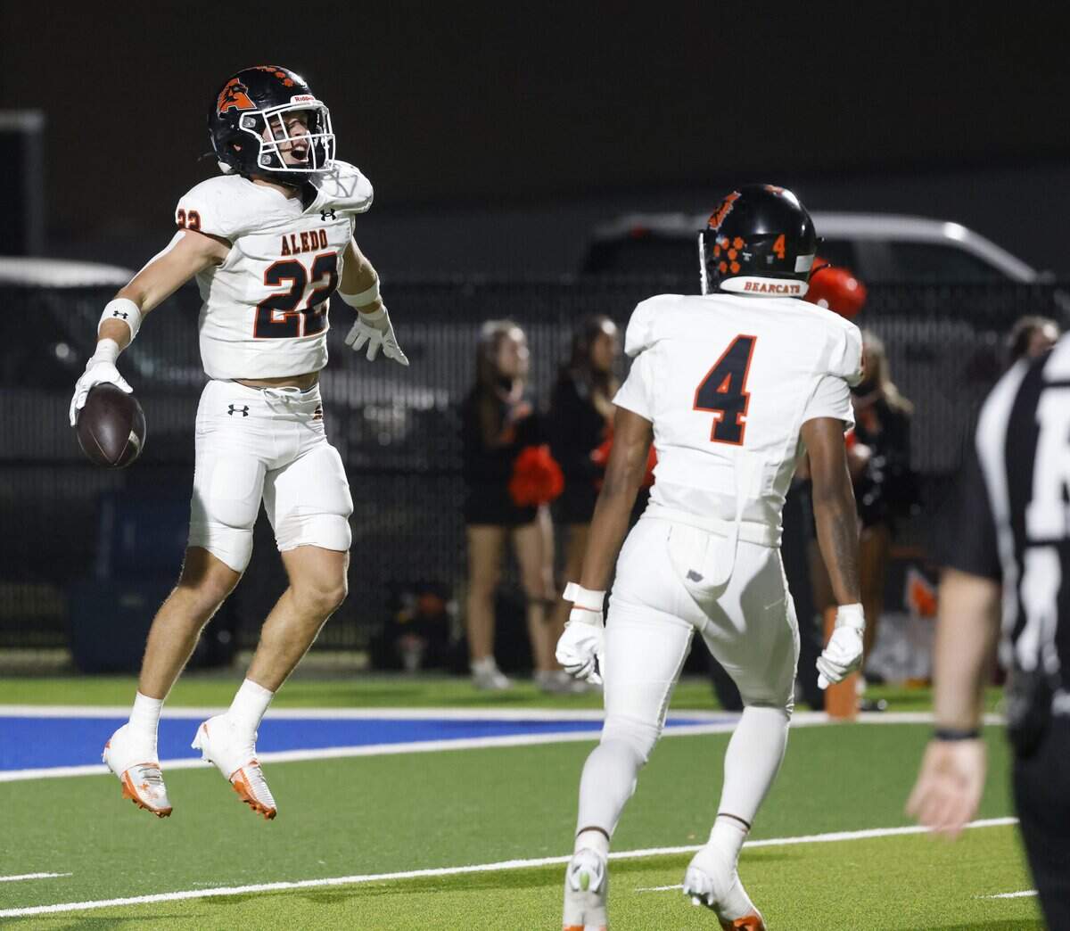 Aledo linebacker Ryland Haley (22) celebrates his interception during the first half of a UIL football game against North Richland Hills Richland on Thursday, October, 23, 2025 at Birdville FAAC Stadium in North Richland Hills, Texas.