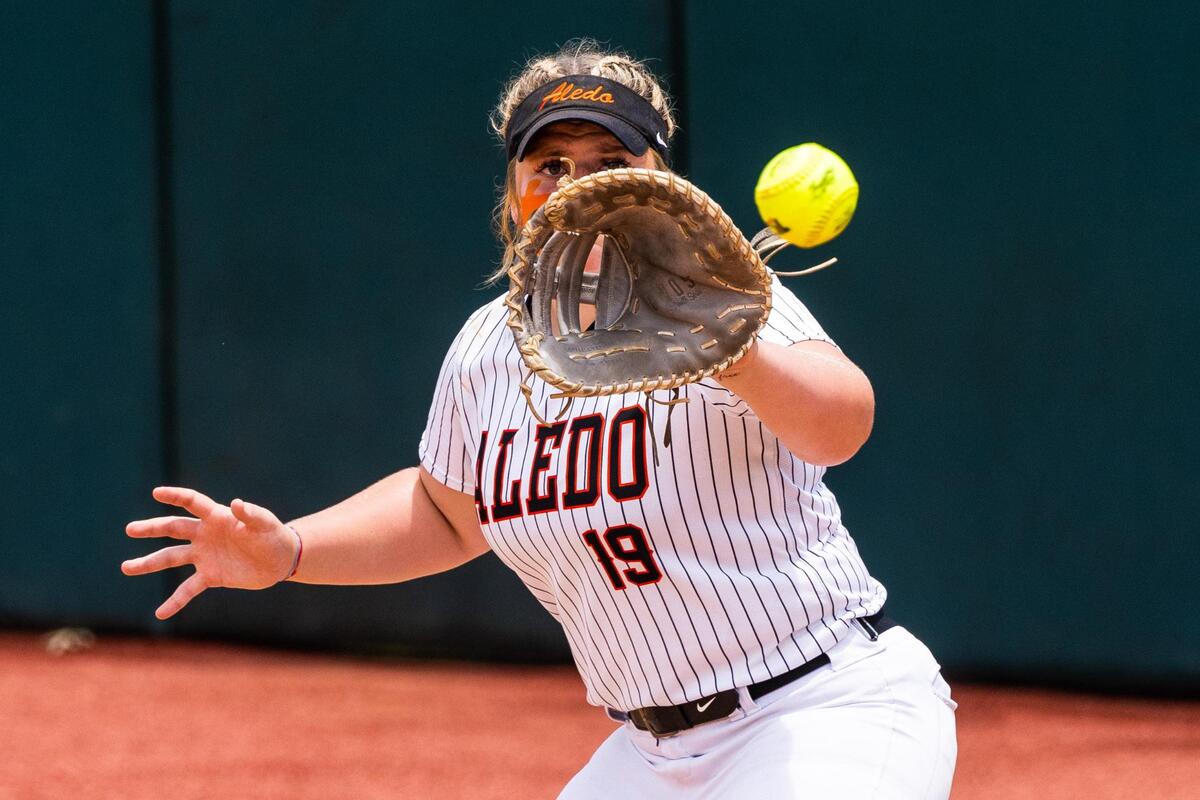 Texas Ray catches the ball at first during the 5A UIL State Softball semifinal between Aledo and Georgetown in Austin Texas, on June 3rd, 2021.