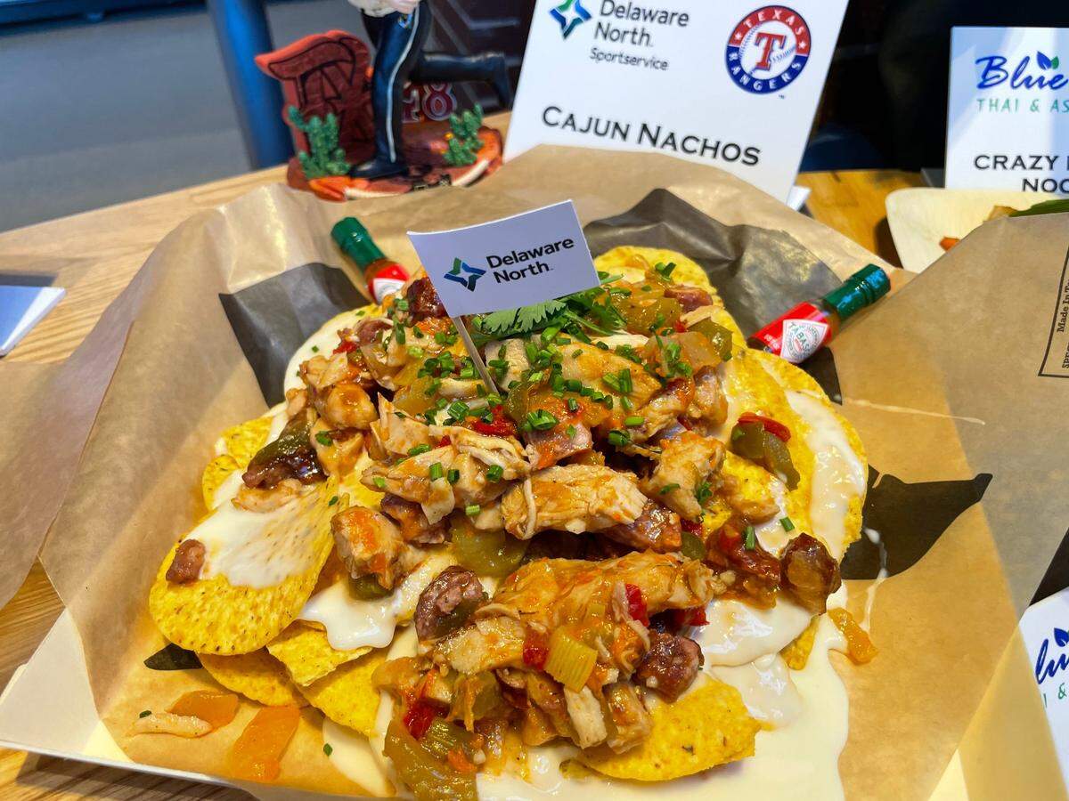 Cajun nachos are topped with chicken and sausage gumbo.