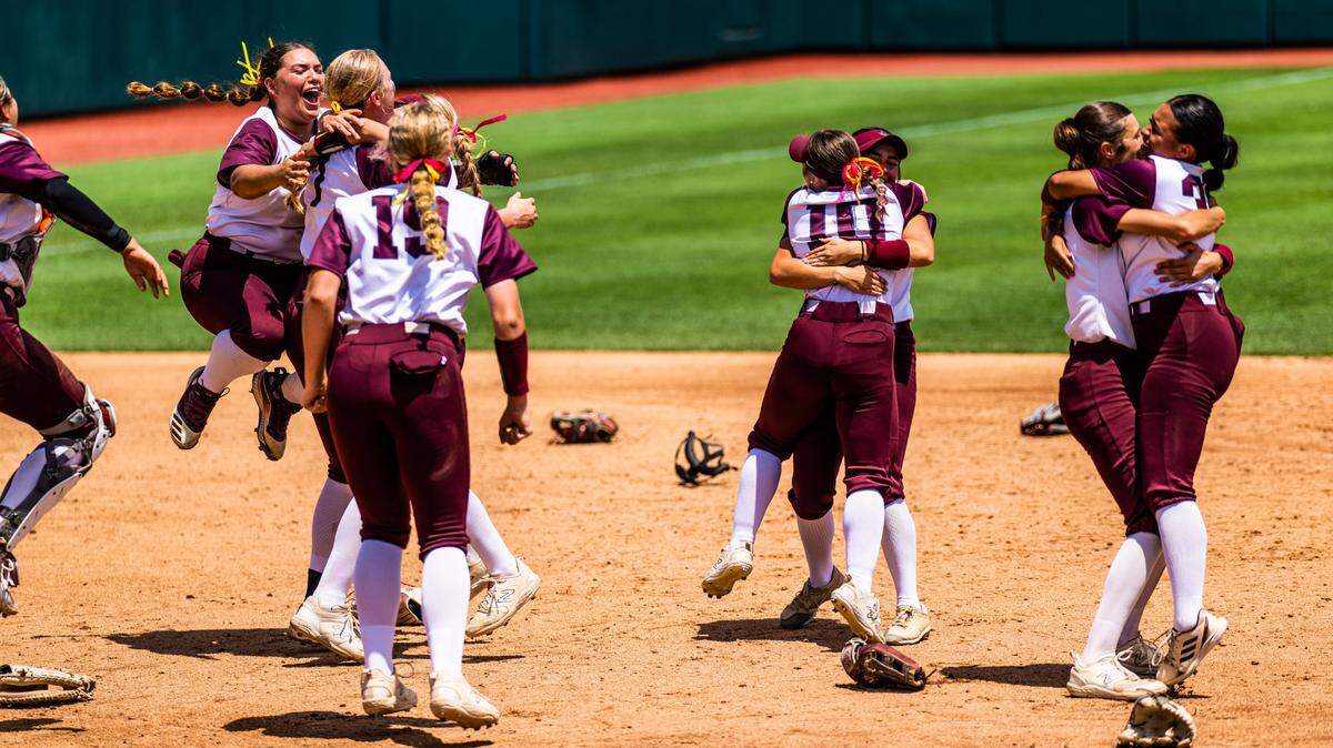 Corpus Christi Calallen players celebrate after winning the UIL Class 4A state softball championship over Liberty on Saturday, June 3, 2023, at McCombs Field in Austin, TX