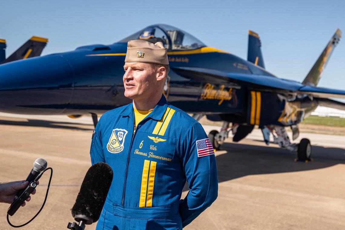 Cdr. Thomas Zimmerman speaks with the media about flying in the ‘Wings over Cowtown’ Blue Angels airshow at the Naval Air Station Joint Reserve Base in Fort Worth on Thursday, April 11, 2024.