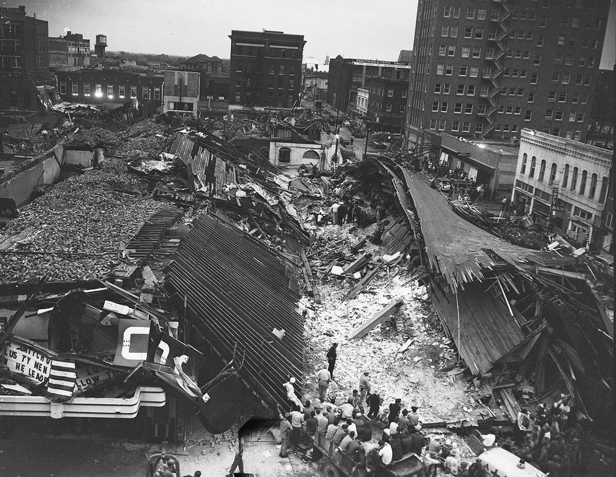 Wreckage of buildings in downtown Waco the day after a tornado struck on May 11, 1953.