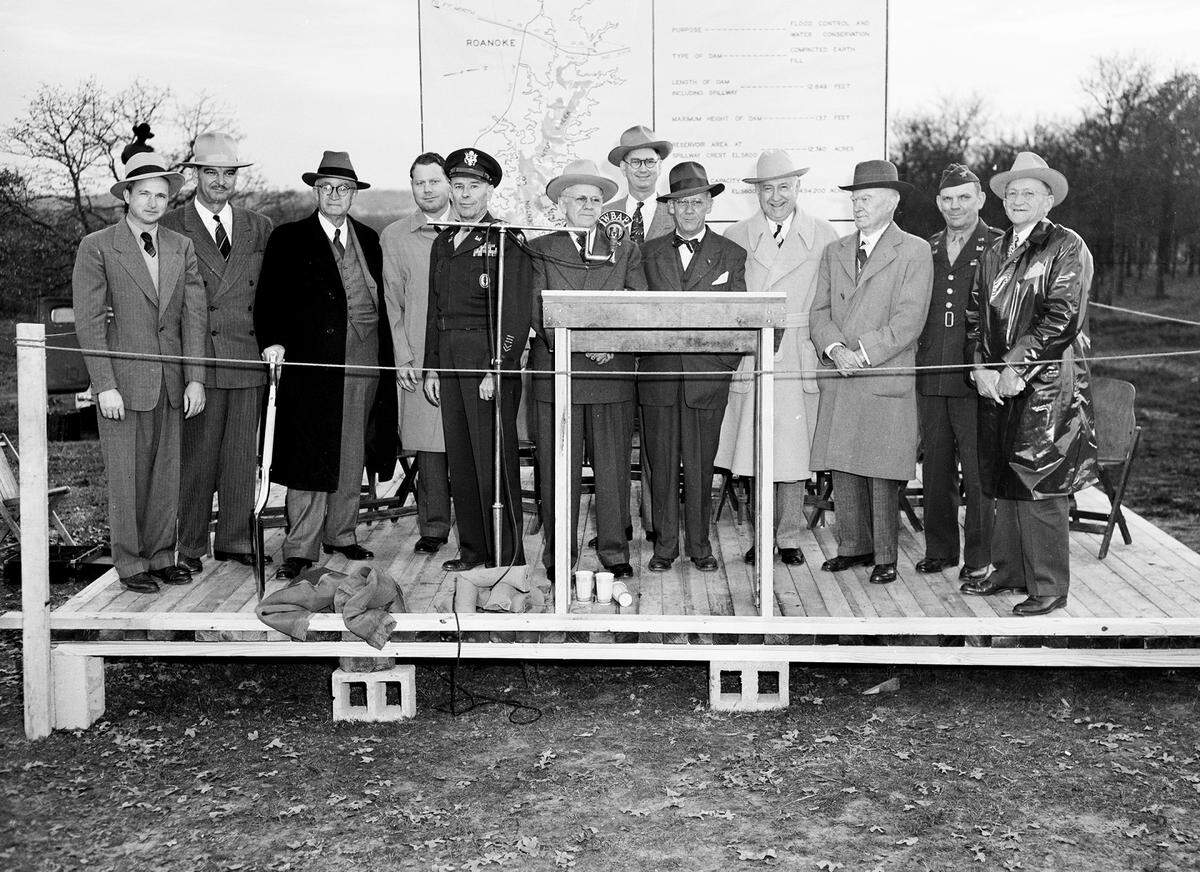 Dec. 5, 1947: Grapevine Dam and Reservoir groundbreaking. Left to right, Mayor Floyd Deacon of Grapevine of Dallas. Frank Wilson, Dallas; John W. Carpenter, Dallas, president of Trinity Improve Association; Congressman Wingate Lucas of Grapevine, Col. Henry Hutchings Junior, Dallas; Mayor Edgar Deen, Dale Temple of Dallas, Amon Carter, former Congressman Hatton Summer of Dallas; Col. Bernard L. Robinson, Galveston, and John M. Founts, general manager of Trinity Improvement Association.