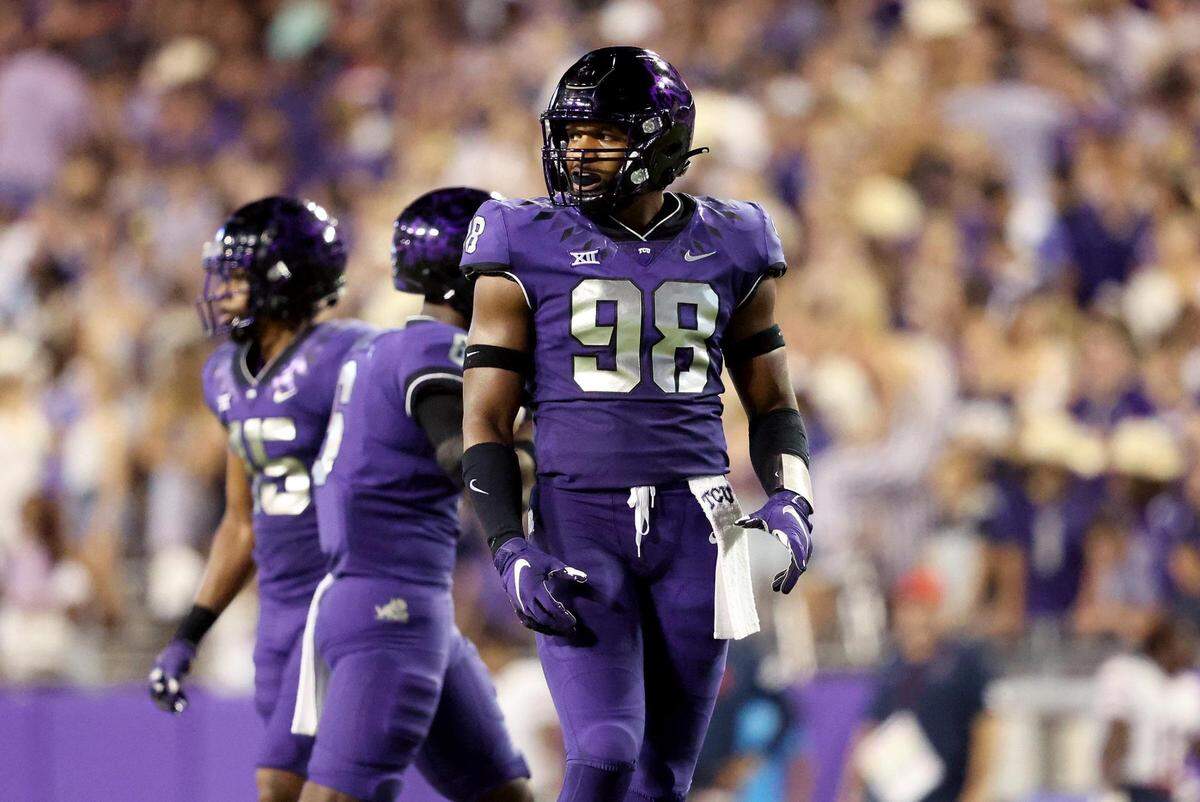 Texas Christian University defensive end Dylan Horton looks to the sideline after a play during TCUÕs season opener on Saturday, September 4, 2021, at Amon G. Carter Stadium in Fort Worth.