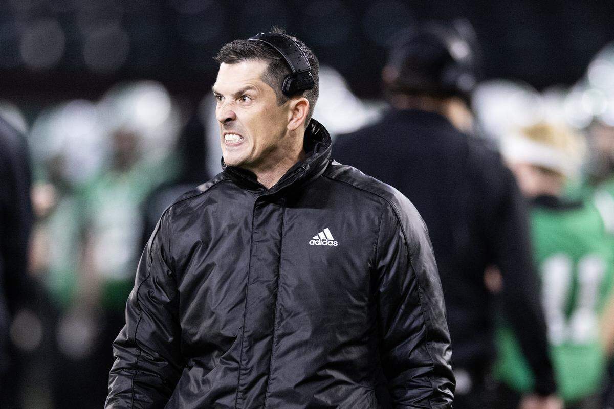 Southlake Carroll Head Coach Riley Dodge grimaces on the sidelines in the second half of the UIL Division II Regional playoff game at Choctaw Stadium in Arlington on Friday, Nov. 28, 2025.