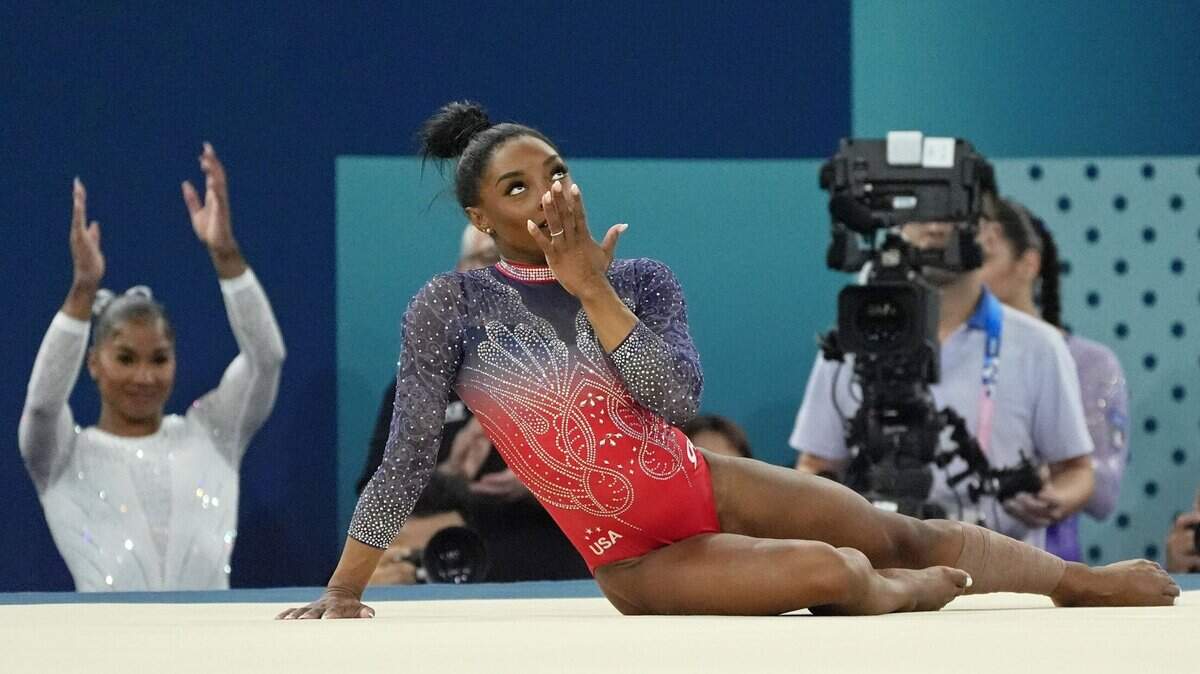 Aug 5, 2024; Paris, France; Simone Biles of the United States competes on the floor exercise on day three of the gymnastics event finals during the Paris 2024 Olympic Summer Games. 