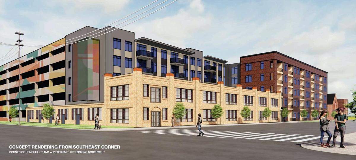 Drawings of an apartment complex located on a city corner with a street in front. 