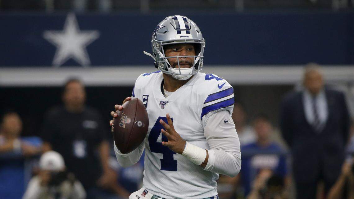Dallas Cowboys quarterback Dak Prescott (4) throws a pass in the first half of a NFL football game against the New York Giants in Arlington, Texas, Sunday, Sept. 8, 2019. (AP Photo/Michael Ainsworth)