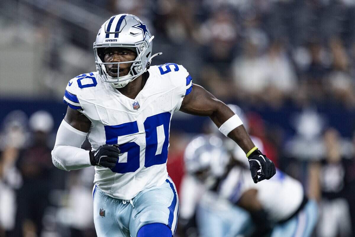 Cowboys linebacker Shemar James (50) goes after the ball in the first half of an NFL preseason game between the Dallas Cowboys and the Atlanta Falcons at AT&T Stadium in Arlington on Friday, Aug. 22, 2025,