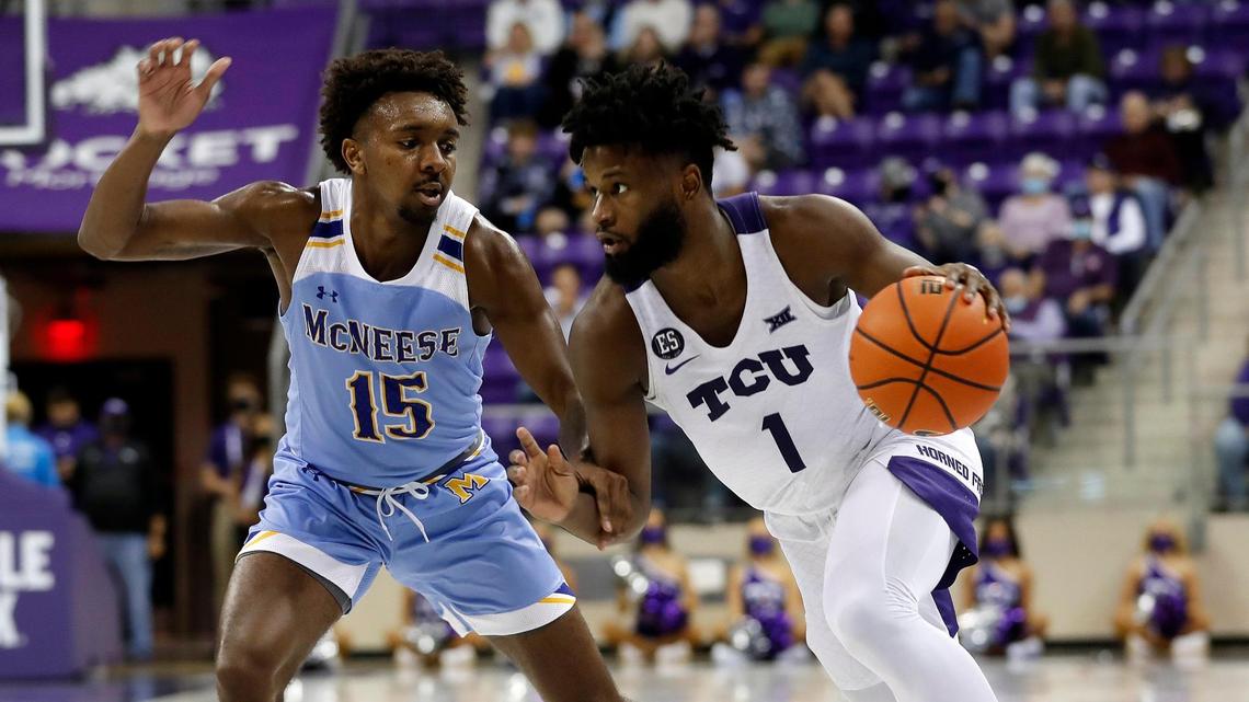 TCU guard Mike Miles Jr. (1) tries to turn the corner on McNeese guard Zach Scott (15) in the first half of a NCAA basketball game at Schollmaier Arena in Fort Worth, Texas, Thursday Nov. 11, 2021. The Horned Frogs led the Cowboys 36-26 at the half. (Special to the Star-Telegram Bob Booth)