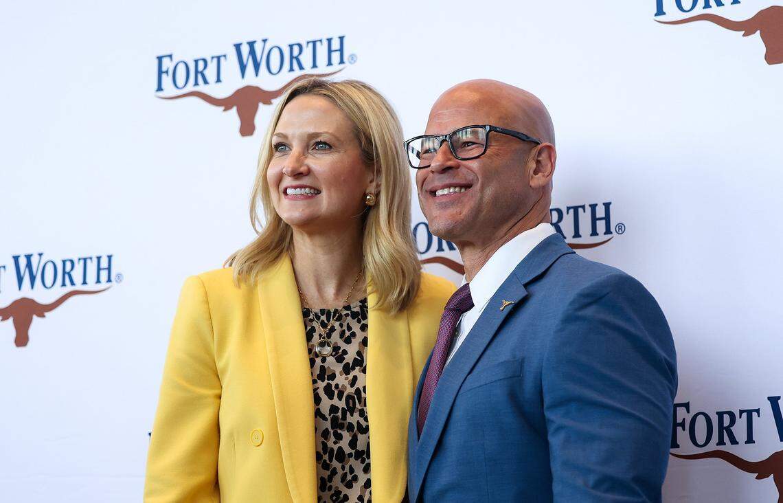 Fort Worth Mayor Mattie Parker takes a photo with Eddie Garcia after a press conference announcing he will be the next Fort Worth police chief on Friday, Aug. 22, 2025, at City Hall. Garcia was the former Dallas police chief.