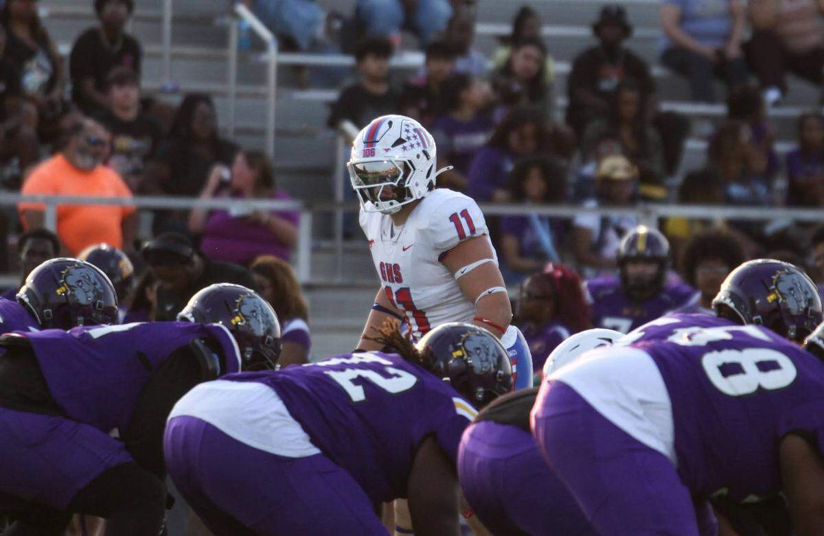 Grapevine lineback Harrison Bargy (11) gets ready for a play against Everman in a District 3-5A D2 game on Friday, September 12, 2025 at Marr Stadium in Everman, Texas.