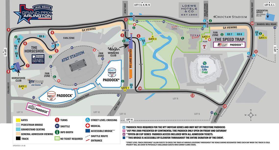 A picture of a map of the race track for the Java House Grand Prix of Arlington set to take place from Friday, March 13-Sunday March 15.