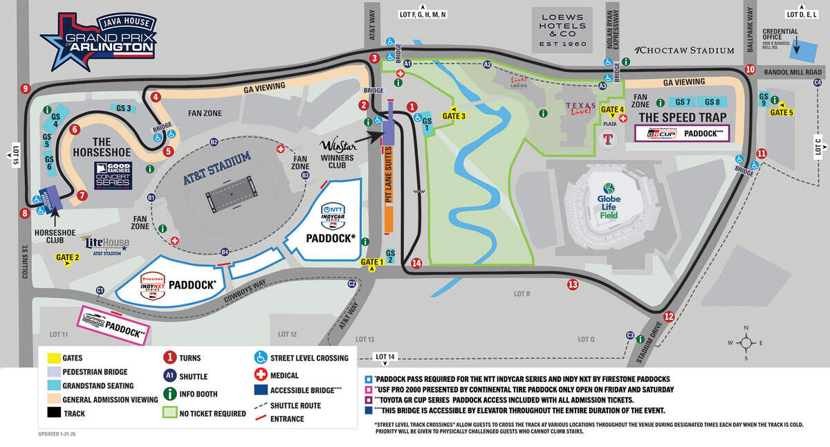 A picture of a map of the race track for the Java House Grand Prix of Arlington set to take place from Friday, March 13-Sunday March 15.