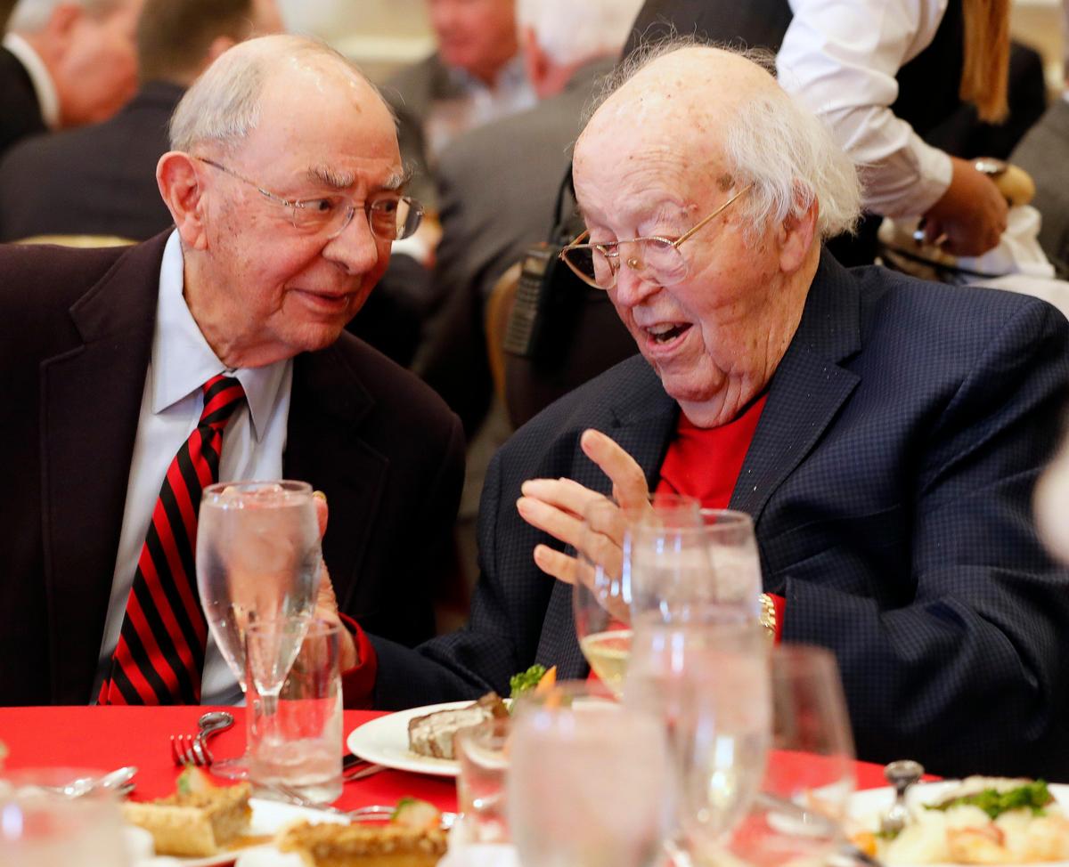 Former TCU Chancellor William E. Tucker and the Exchange Clubs oldest member Paul Leonard share some views at the Exchange Club’s annual Christmas fund raiser luncheon for the Goodfellow Fund at the Fort Worth Club in Fort Worth, Texas, Wednesday, Dec. 11, 2019. They raised $300,325. (Special to the Star-Telegram Bob Booth)