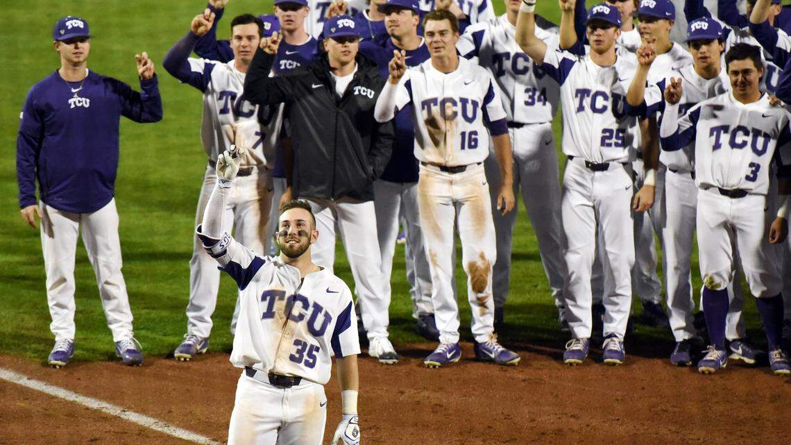 A.J. Balta is acknowledged by his teammates and the crowd after a 4-3 win over UC Irvine on March 2 at Lupton Stadium. Balta drove in the winning run with a sacrifice fly in the bottom of the ninth.