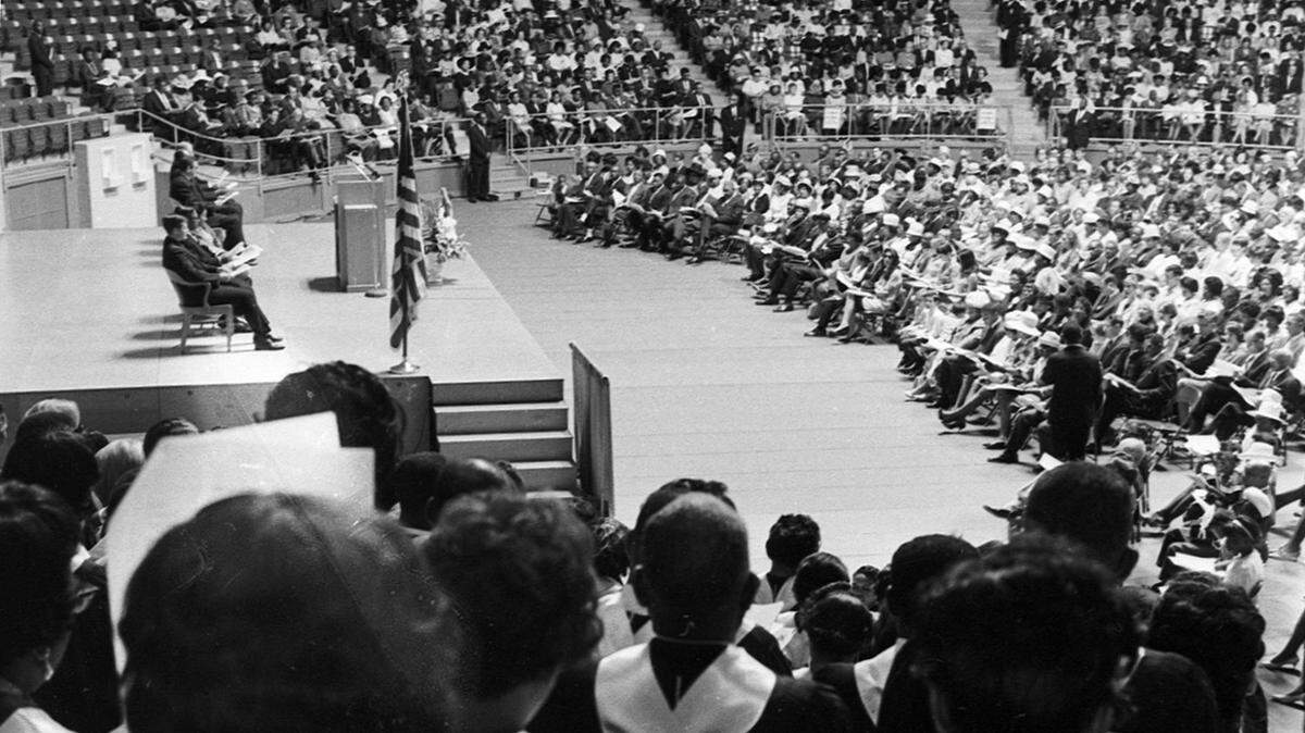 About 2,000 people gathered at Texas Christian University in what was then Daniel-Meyer Coliseum, now Schollmaier Arena, for the city memorial to the Rev. Martin Luther King Jr.