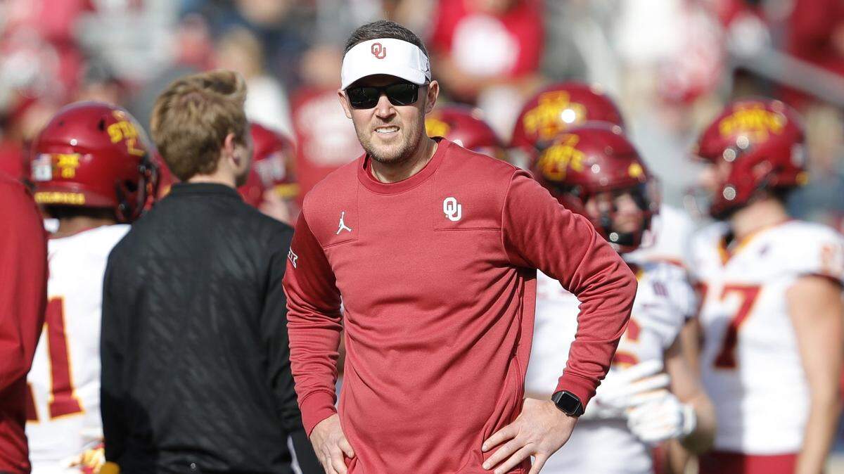 Oklahoma football coach Lincoln Riley watches his team before the start of a game against Iowa State on Nov. 20, 2021, in Norman, Okla. Soon, the Sooners will be competing in the Southeastern Conference.