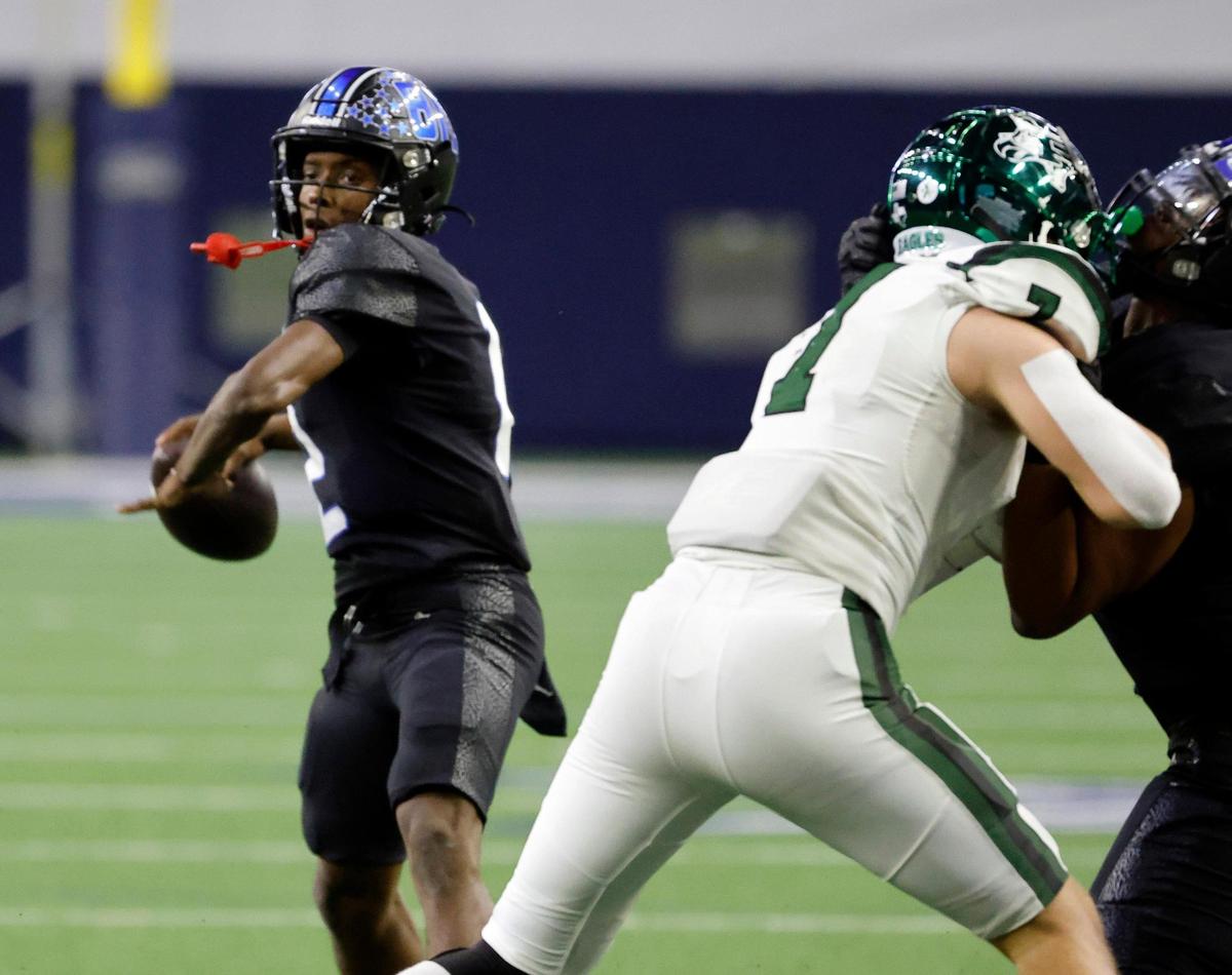 North Crowley quarterback Chris Jimerson (12), the 2023 Fort Worth-area Player of the Year, tosses a ball downfield.