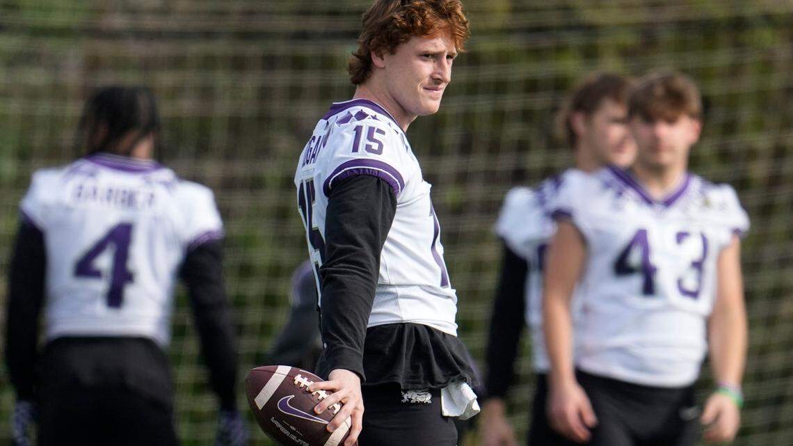 TCU quarterback Max Duggan (15) warms up during practice on Saturday ahead of the national championship NCAA College Football Playoff game between Georgia and TCU.