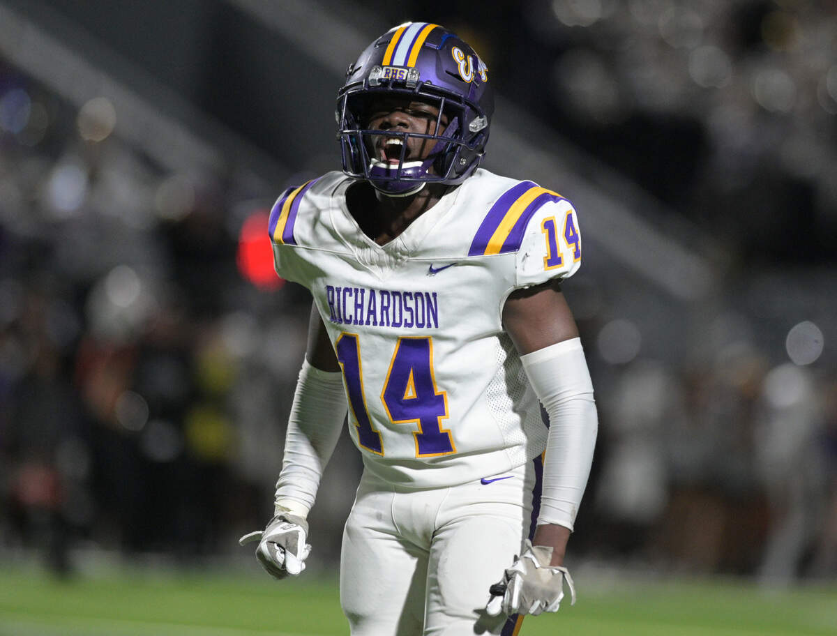 Richardson Eagle defensive back Chad Watson (14) celebrates during a UIL b-district playoff football game against Haltom High School at Birdville ISD FA/AC in North Richland Hills, Texas on Friday, Nov. 15, 2024.