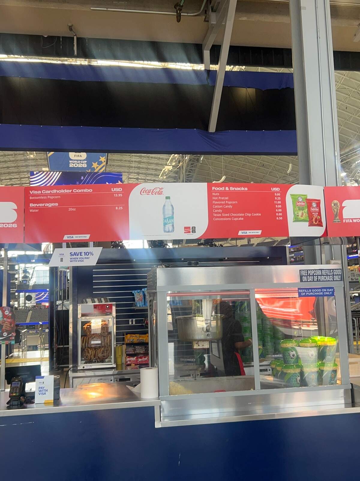 Snack and drink prices at AT&T Stadium before the 2026 FIFA World Cup match between England and Croatia.