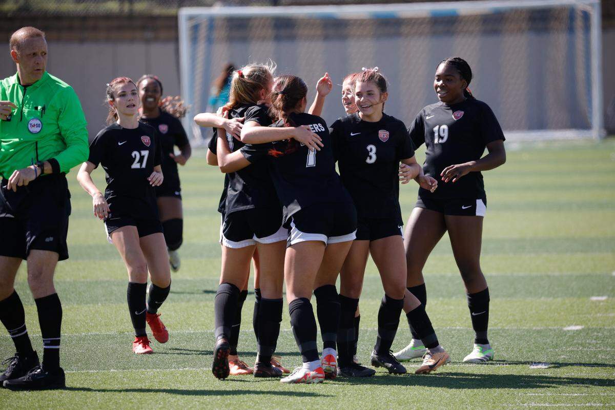 Colleyville Heritage girls soccer celebrates in a 4-1 Class 5A state semifinal win over Pflugerville Hendrickson in Georgetown, Texas on April 11, 2024.