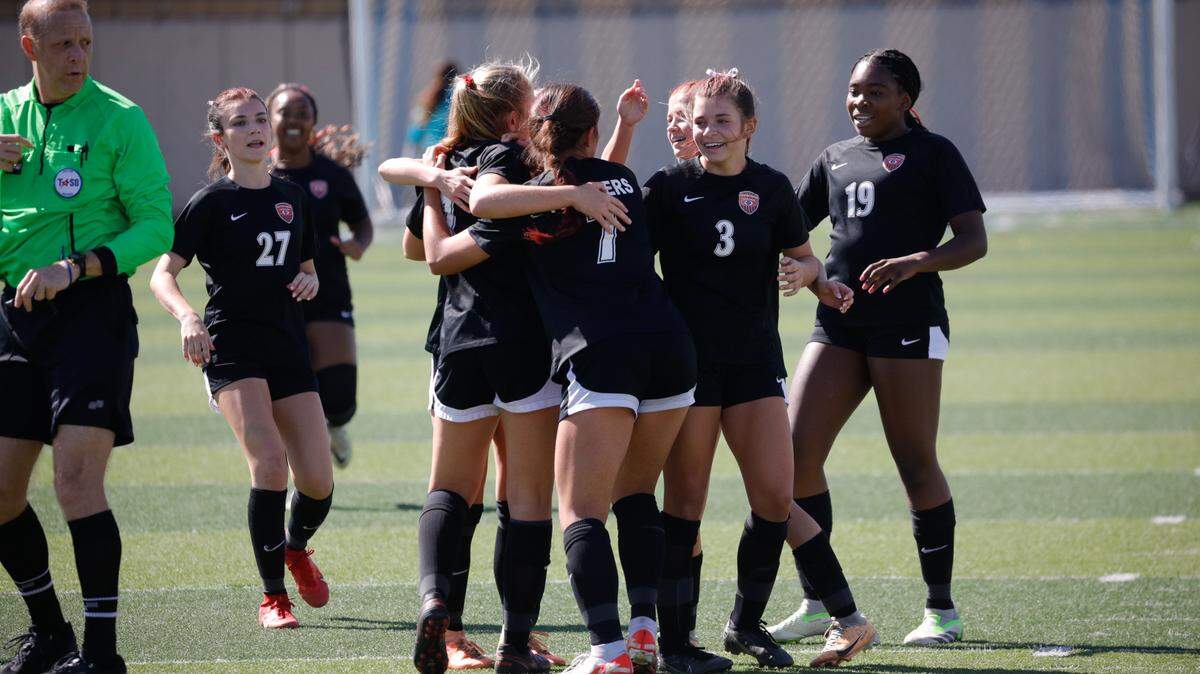 Colleyville Heritage girls soccer celebrates in a 4-1 Class 5A state semifinal win over Pflugerville Hendrickson in Georgetown, Texas on April 11, 2024.