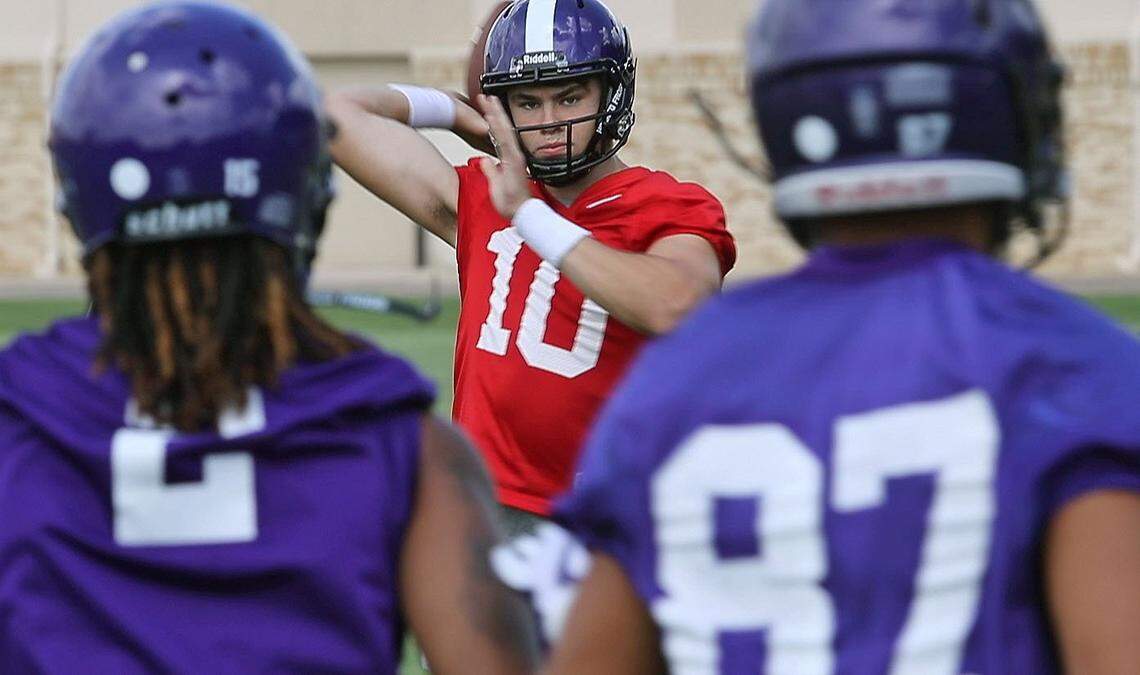 Michael Collins (QB, 10) during drills as the TCU Horned Frogs hold their first regular preseason practice in Fort Worth, Saturday, August 4, 2018.